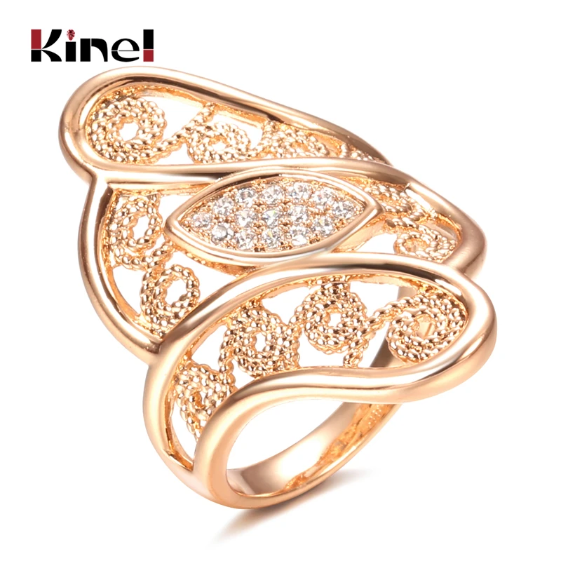 Kinel White Natural Zircon 585 Rose Gold Big Ring Ethnic Wedding Fine Hollow Crystal Flower Rings for Women Vintage Jewelry