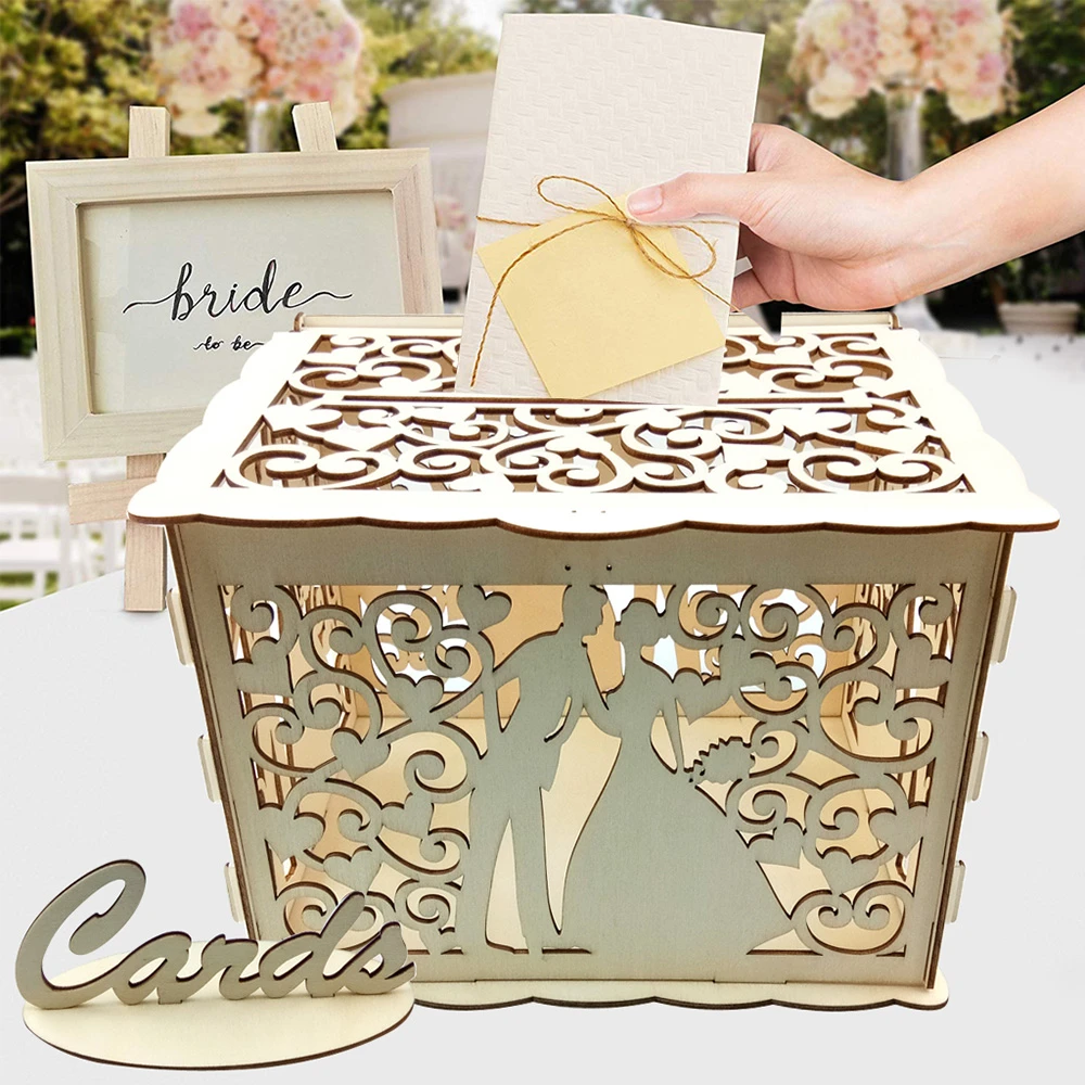 Wooden Wedding Envelope Gift Card Box Hollow Floral Pattern Invitation Card DIY Box Wedding Supplies Party Decor