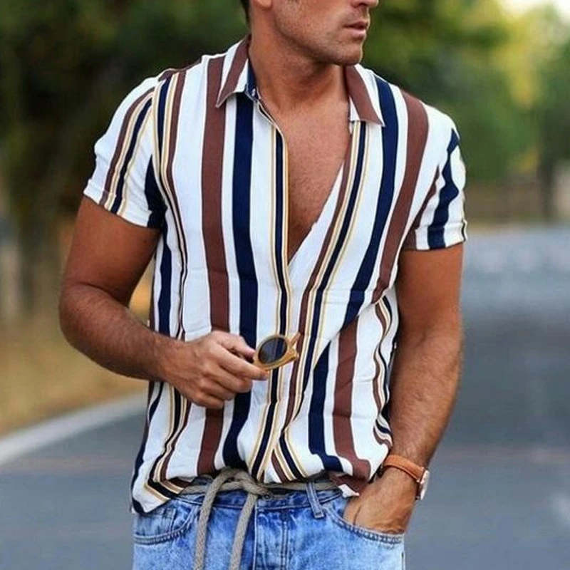 Hot style 2020 summer new striped shirt men's casual shirt short sleeve top