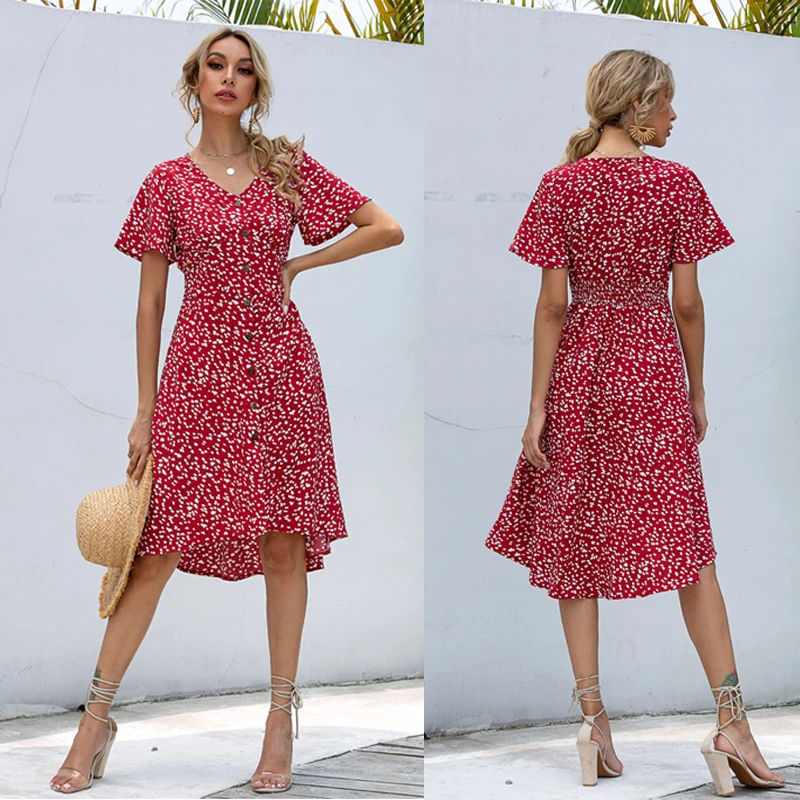 2021 Summer Dress Midi V-Neck Printed Dress Woman Single Row Buttons Irregular Dress Ladies Slim High Waist Casual Holiday Dress