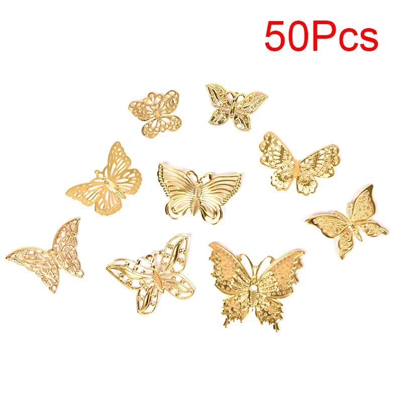 50Pcs/Set Gold Metal Filigree Hollow Butterfly Charms Craft DIY Jewelry Making