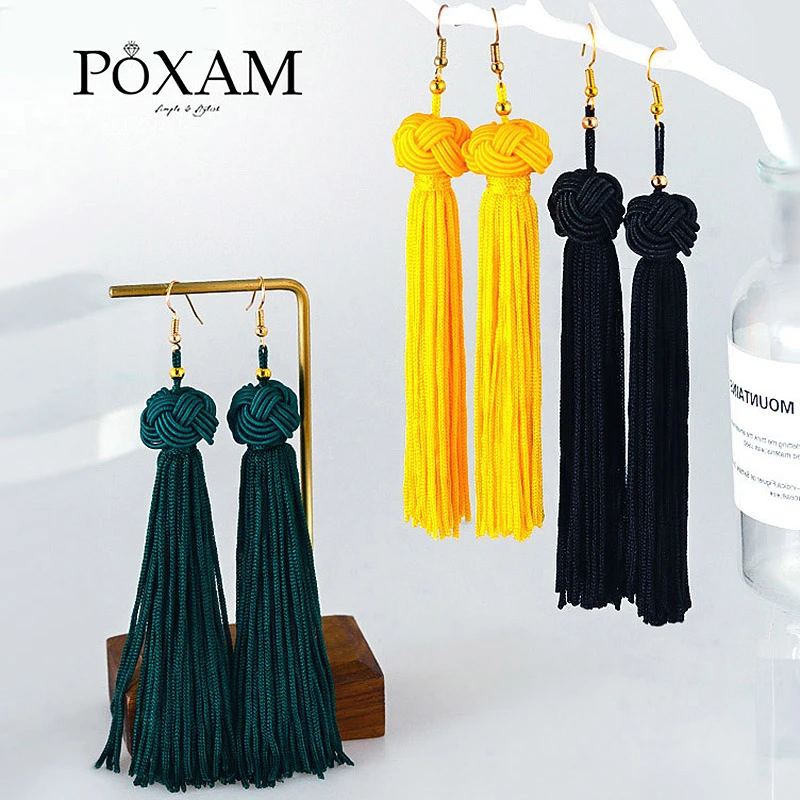 POXAM Fashion Ethnic Long Tassel Drop Earrings For Women Bohemian Yellow Red Black Silk Fabric Fringe Dangle Earing 2019 Jewelry