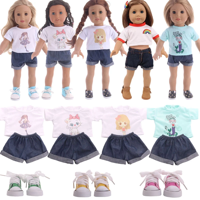 Doll Clothes Cute Animal Pattern Suit T-shirt + Jeans For 18 Inch American Doll Girl's & 43 Cm New Born Baby Clothes,Dolls Shoes