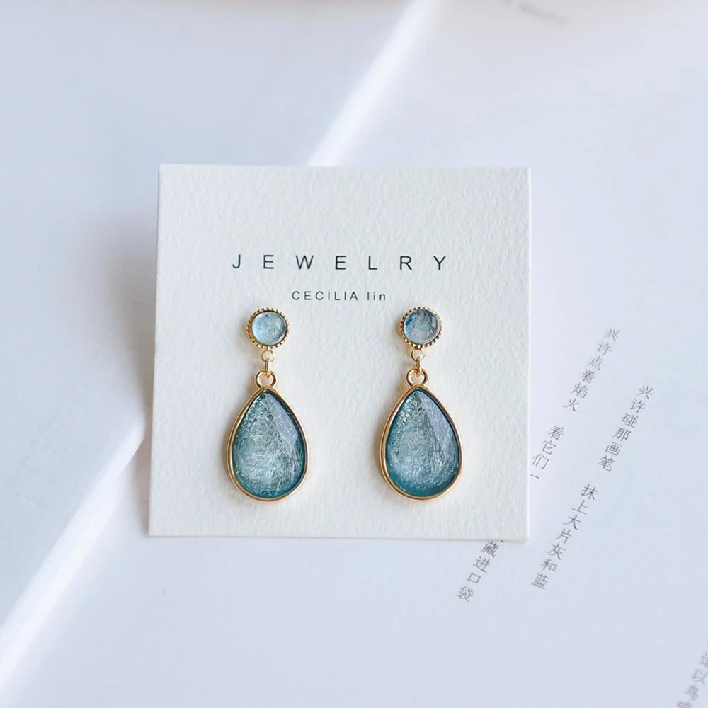 Japanese Simple Temperament Female Blue Crystal Stone Geometry Water Drop Clip Earrings No Piercing For Korean Women Girl's Gift