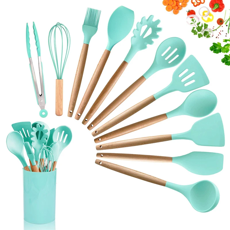 LMETJMA 1 Piece BPA Free Silicone Kitchen Cooking Utensils Nonstick Cooking Tools with Wooden Handles Kitchen Cookware KC0302