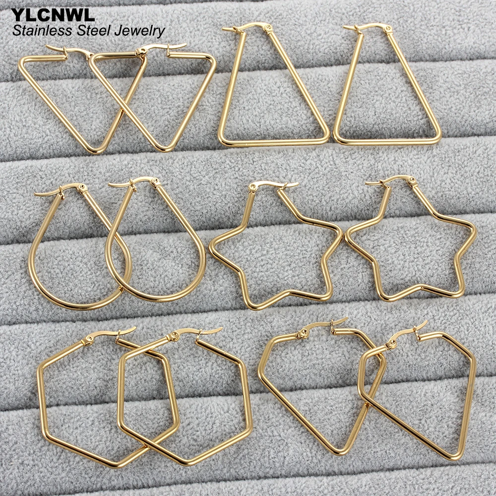 Large/Big Stainless Steel Geometric Hoop Earrings For Women Gold Color Simple Oval Triangle Pentagonal Hexagon Hot Sale 2021