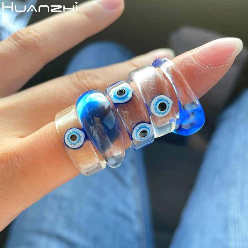 HUANZHI 2021 New Summer Korean Devil's Eye Blue Transparent Resin Round Rings  for Women Girls Party Jewelry Gifts