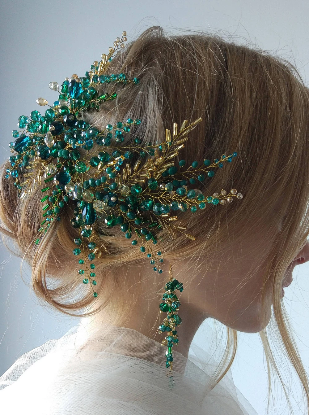 Bohe Green Hair Vine Hair Piece Crystal Headdress Bridal Gold Hair Accessories Wedding Hair Accessories Bride Headband for Women