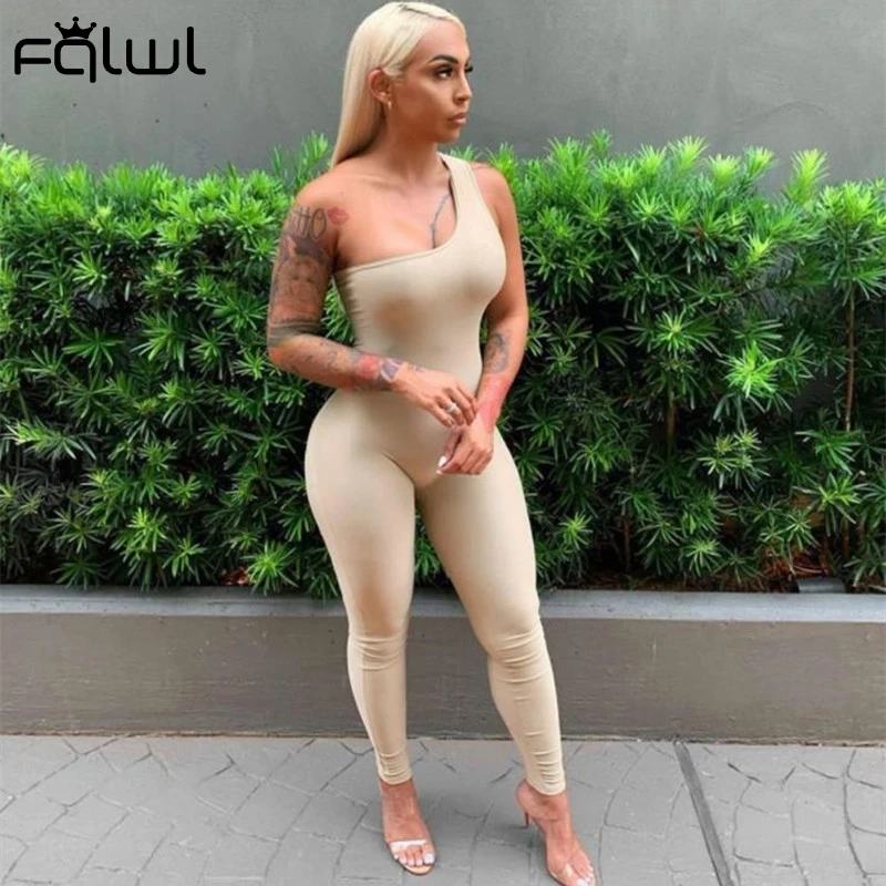 FQLWL Summer Streetwear Pink Women Jumpsuits Black Sleeveless One Piece Outfit Bodycon One Shoulder Ladies Jumpsuits Activewear