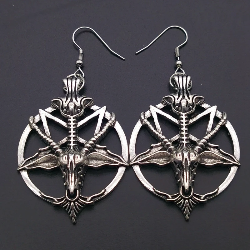 New Fashion Glamour Retro Women's Pentagram Pan God Skull Goat Head Pendant Earrings Black Silver Color Gothic Witch Jewelry