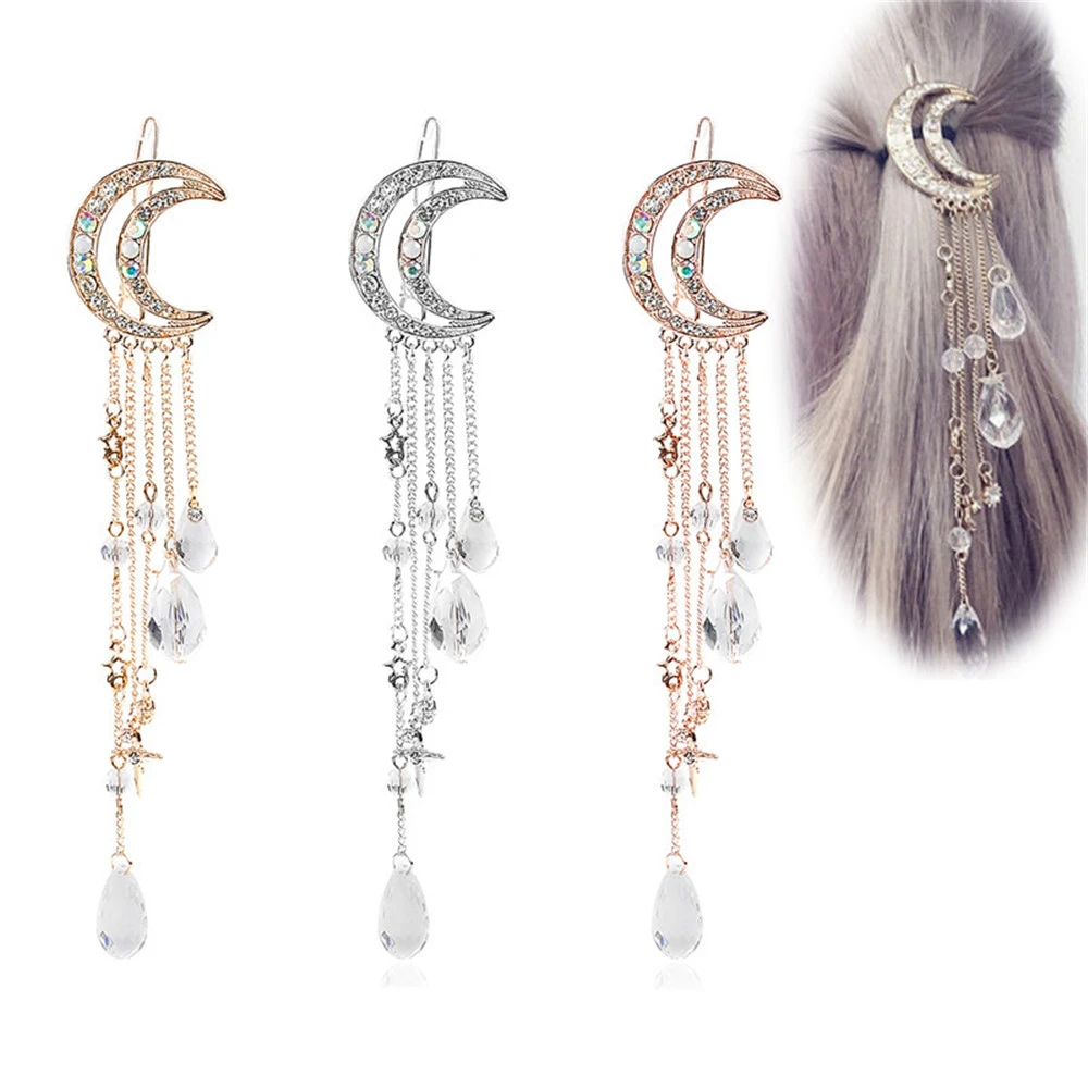 Fashion Elegant Women Hair Bands Lady Moon Rhinestone Crystal Tassel Long Chain Beads Dangle Hairpin Hair Clip Hair Jewelry