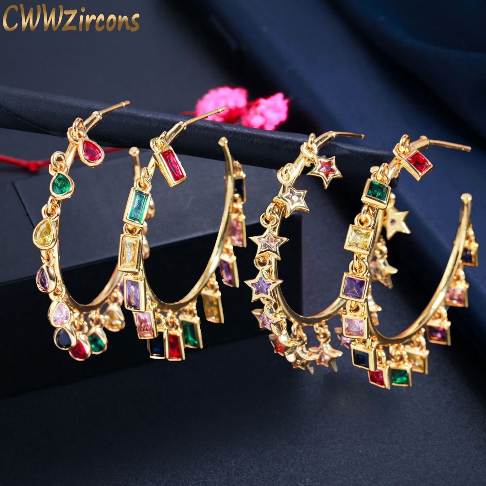 CWWZircons Chic Gold Color Rainbow CZ Big Circle Round Dangle Tassel Drop Charms Hoop Earrings for Women 2021 Boho Jewelry CZ818