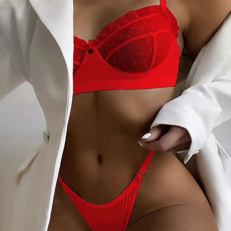 Women Sexy Lingerie Lace Bra Set Ruffle Transparent Underwear Hot Erotic Lingerie Set Push Up Bra With Panty Set Red Briefs Sets
