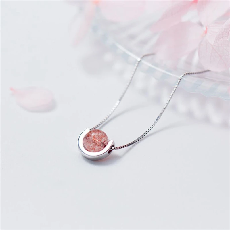 Heart Natural Strawberry Crystal Pink Wafer Bead Pendant Clavicle Chain Transit 925 Sterling Silver Female Necklace SNE098