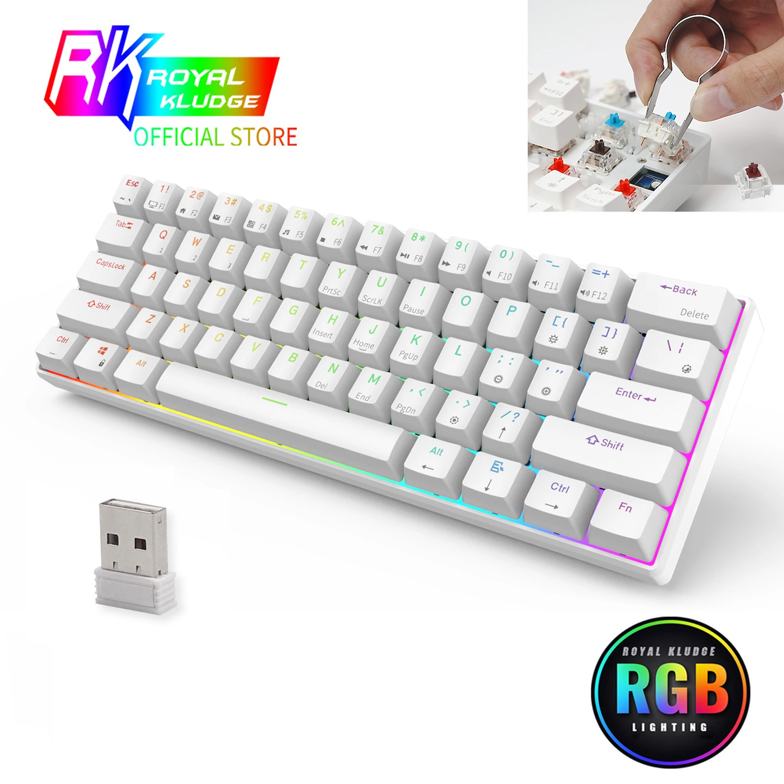 RK61 Wireless Mechanical Keyboard, Bluetooth5.0/2.4Ghz/Wired Tri-Mode Gaming Keyboard, 60% 61 Keys RGB Hot Swappable Keyboard