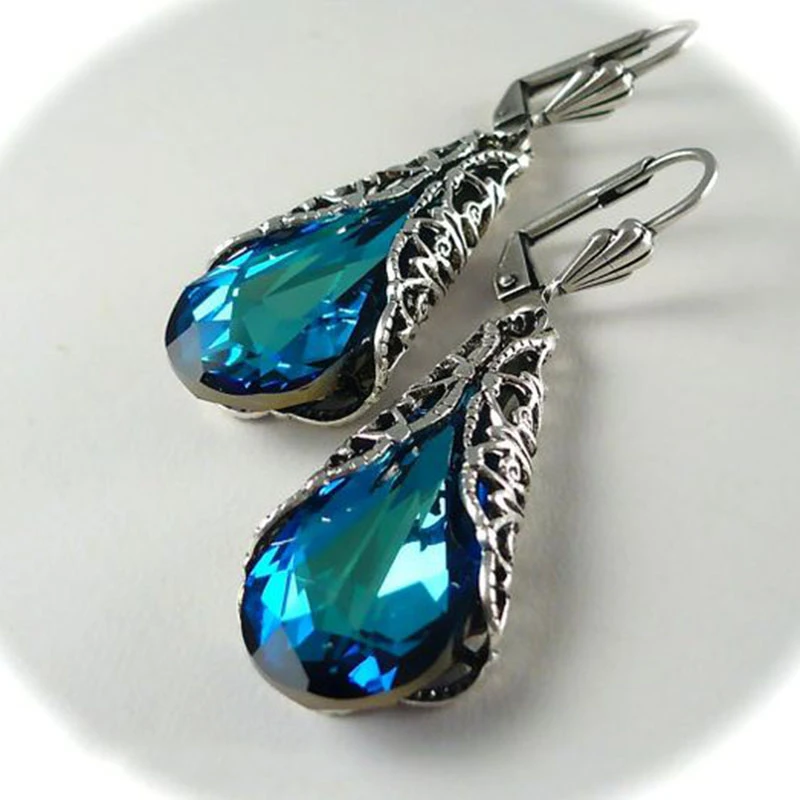 Classic Vintage Big Blue Water Drop Zircon Earring Fashion Bohemian Hollow Long Earrings for Women's Gift Dangle Earrings