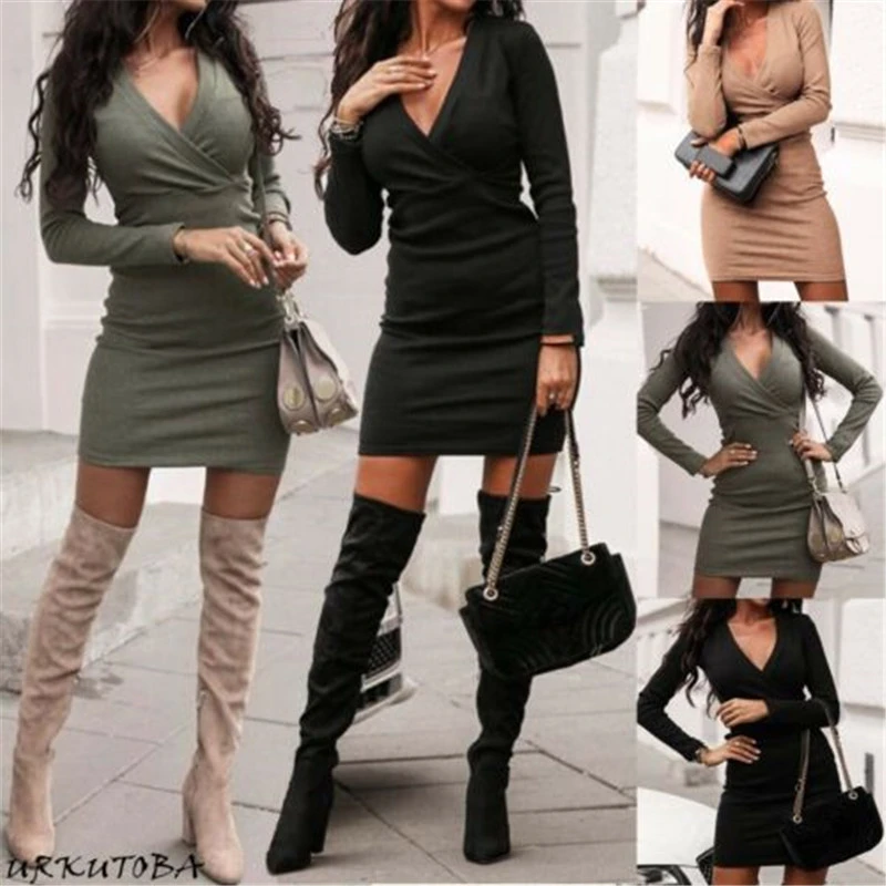 2020 Autumn Trend Women's Long Sleeve V-neck Party Sweater Short Mini Dress Jumper Mini Dress Winter V-neck Party Dresses