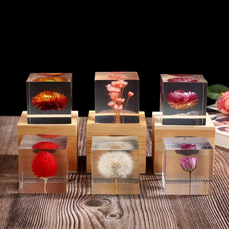 Resin Rose Daisy Cube Dandelion Crystal Glass Paperweight Real Natural Plant Specimen Feng Shui Flowers Xmas Gift With Wood Box