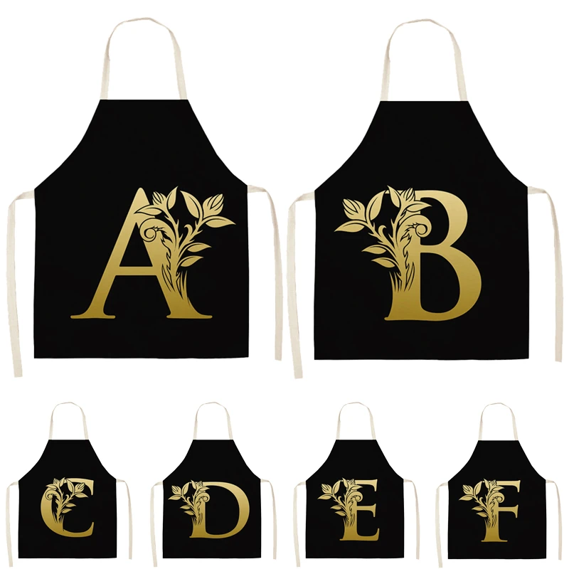 Gold Letter Alphabet Pattern Kitchen Apron 53*65cm For Woman Sleeveless Cotton Linen Aprons Cooking Home Cleaning Tools WQ0051