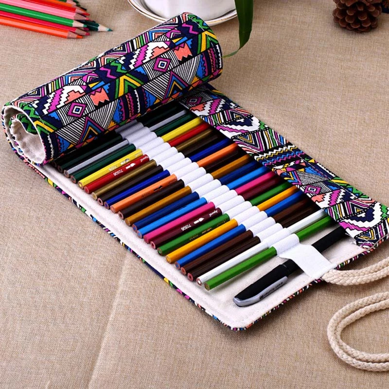 2021 Pencil Case 36/48/72 /12 Holes Canvas Wrap Roll Up Pencil Bag Pen Case Holder Storage Pouch Writing Supplies JR Deals