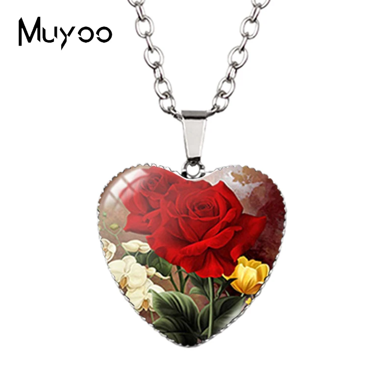 New Arrival Rose Sunflower Orchid Flower Vase Oil Paintings Heart Jewelry Pendants Handmade Heart Necklace Hz3