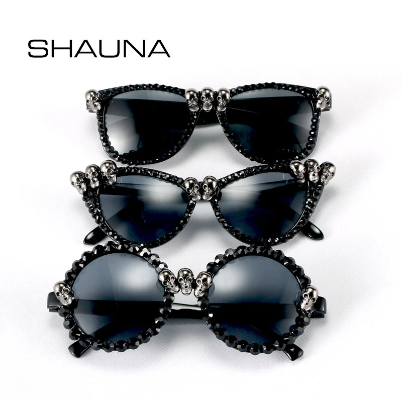 SHAUNA Gothic Skull Sunglasses Halloween Christmas Cat Eye Crystal Punk Sun Glasses