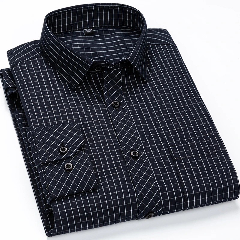 Men's Classic Standard-fit Plaid/striped Social Office Dress Shirt Single Patch Pocket Long Sleeve Formal Business Basic Shirts
