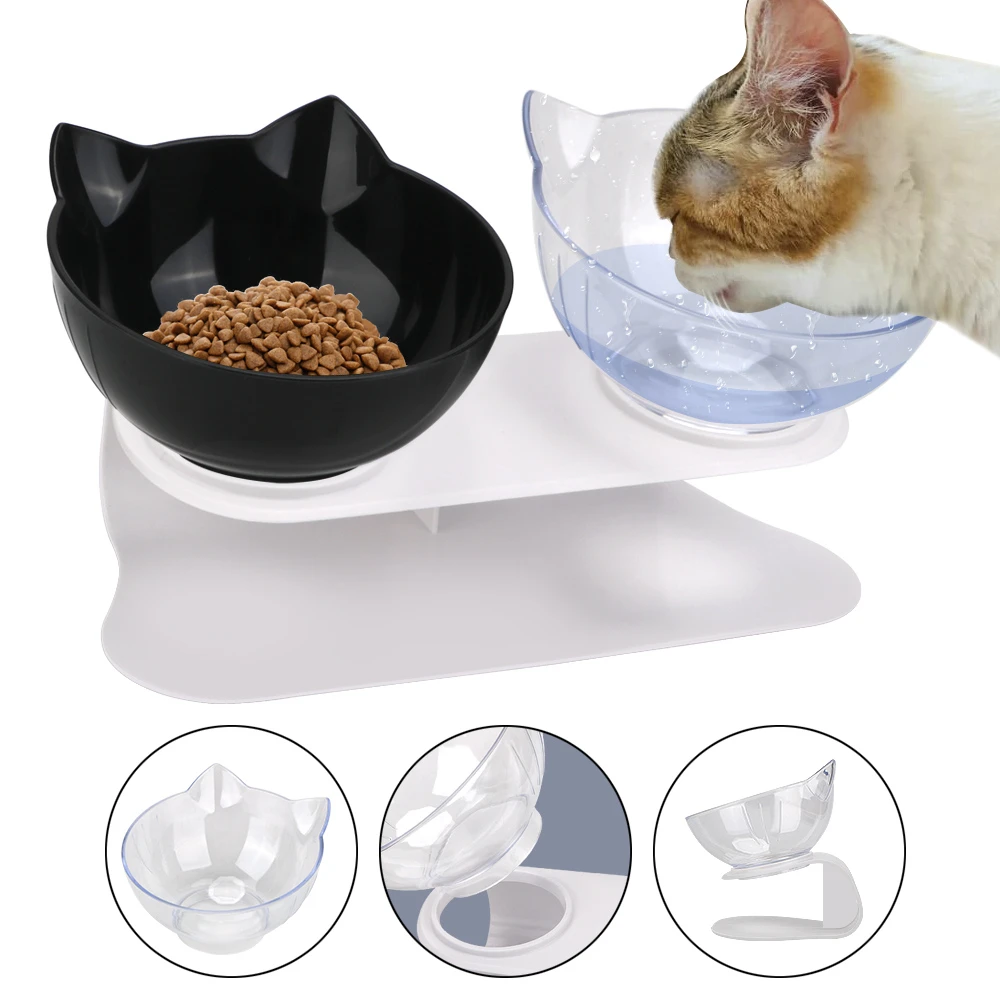 Durable Double Bowls Pet Food Water Feeder With Raised Stand Protection Cervical Non-slip Cat Bowl Dog Bowl Cat Dogs Feeder