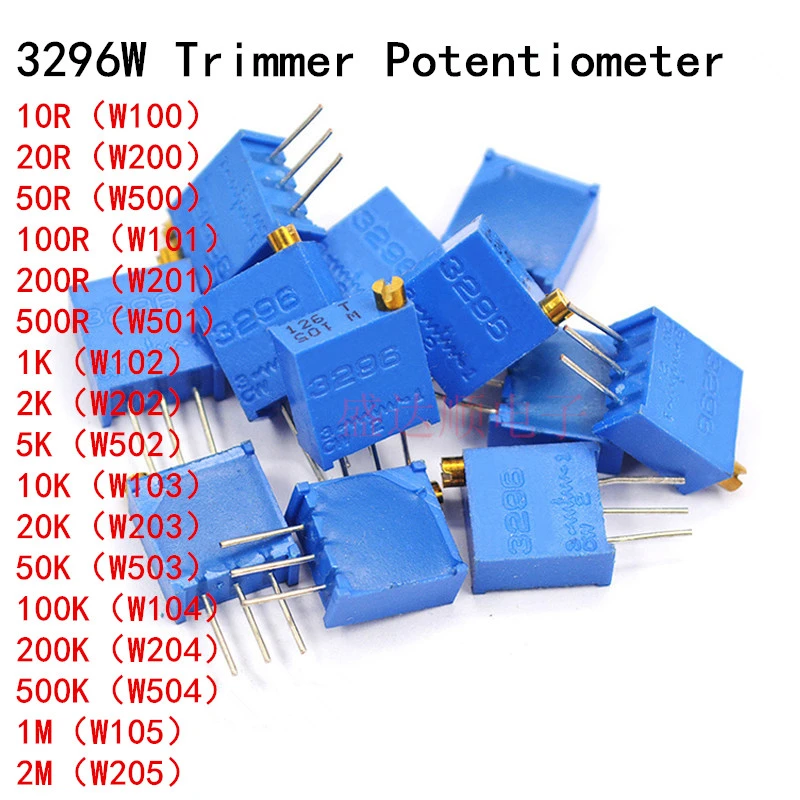 10pcs 3296W 10 50 100 200 500 ohm 1K 2K 5K 10K 20K 50K 100K 200K 500K 1M 2M ohm 103 100R 200R 500R Trimpot Trimmer Potentiometer