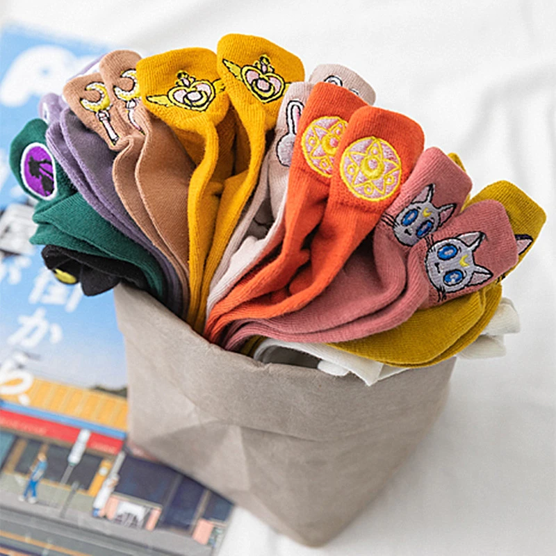 Cartoon Anime Embroidered Boat Socks Ins Trend Moon Cute Sweet Cat Socks Slippers Happy Funny Cotton Girl Socks Popsocket