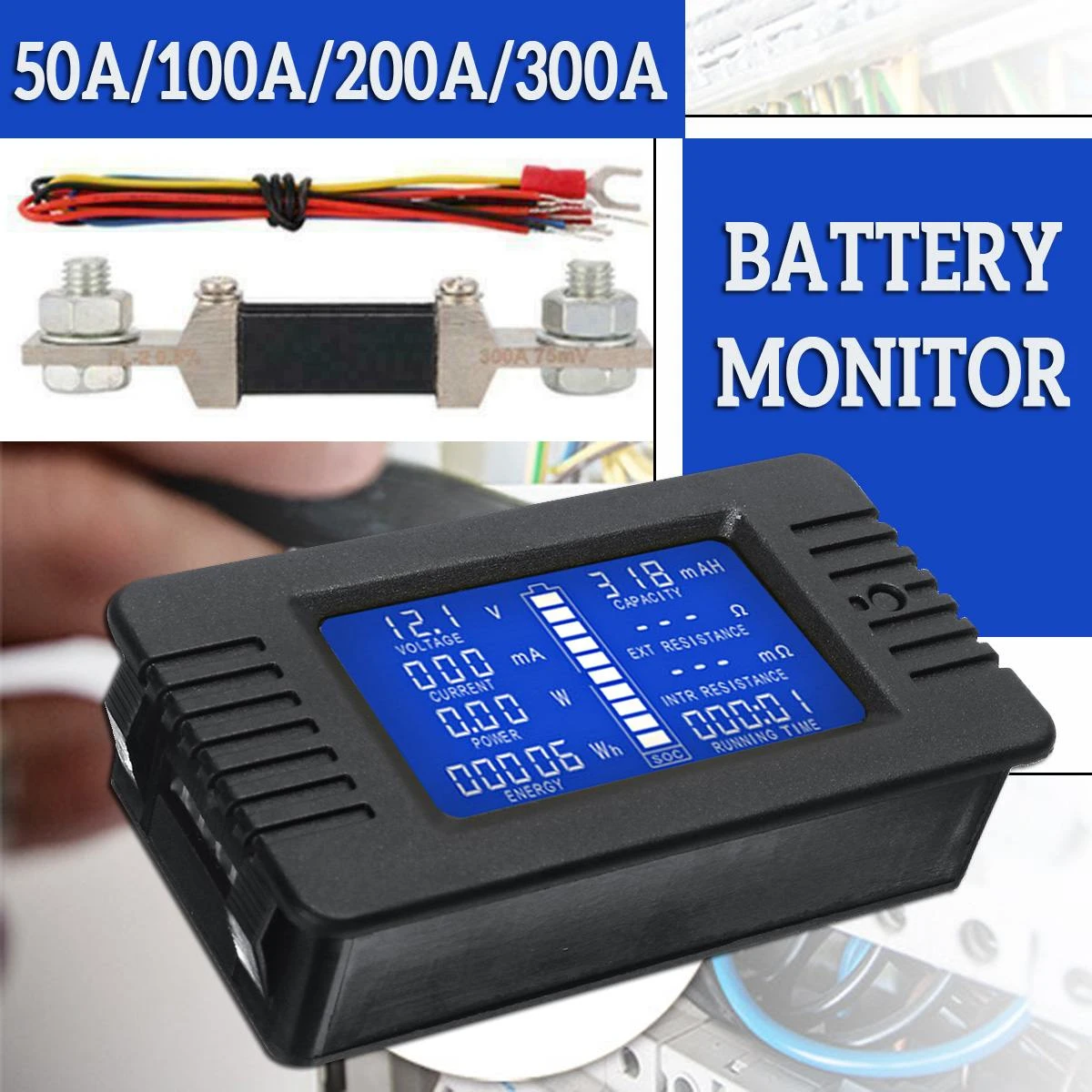 DC Multifunction Battery Monitor Meter 50A/200A/300A LCD Display Digital Current Multimeter Voltmeter Ammeter for Cars RV Solar