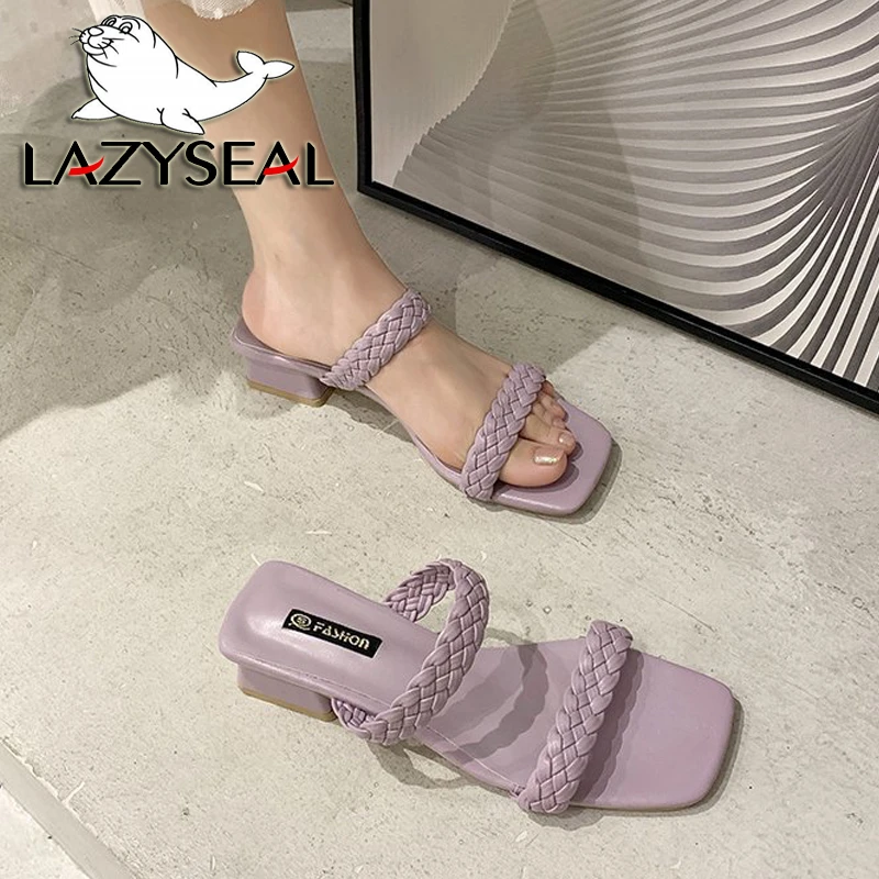 LazySeal New Square Heel Slides Shoes For Women Purple Heel Mule Summer Beach Cross-tied Slippers Bohemian Female Dress Shoes