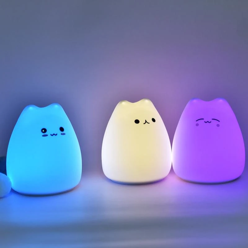 3 Style Cartoon Night Lights Colorful Color Changing Children's Bedroom Atmosphere Night Lighting Silicone Little Cute Cat Lamp