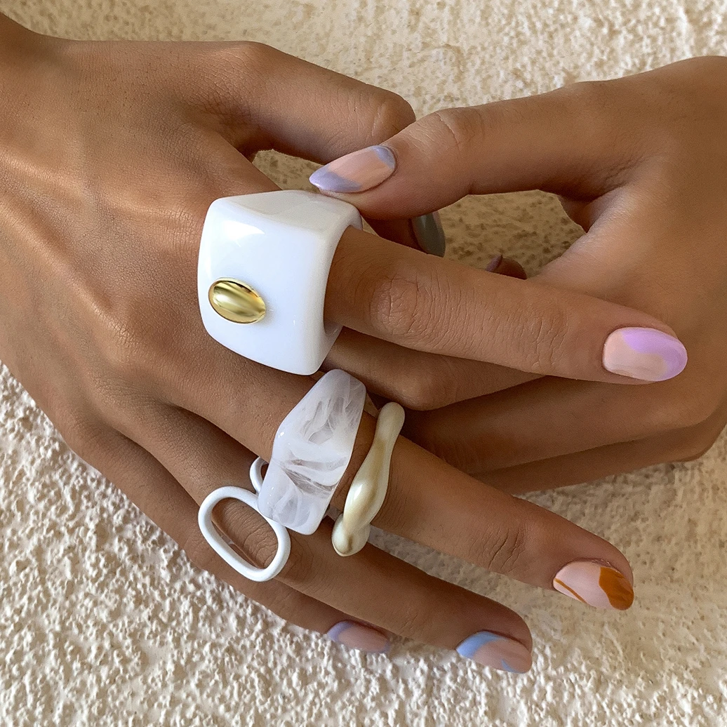 Ingemark Korea Sweet White Milk Resin Rings Set Minimalist Chic Acrylic Geometric Irregular Bague Ring for Women Girls Jewelry