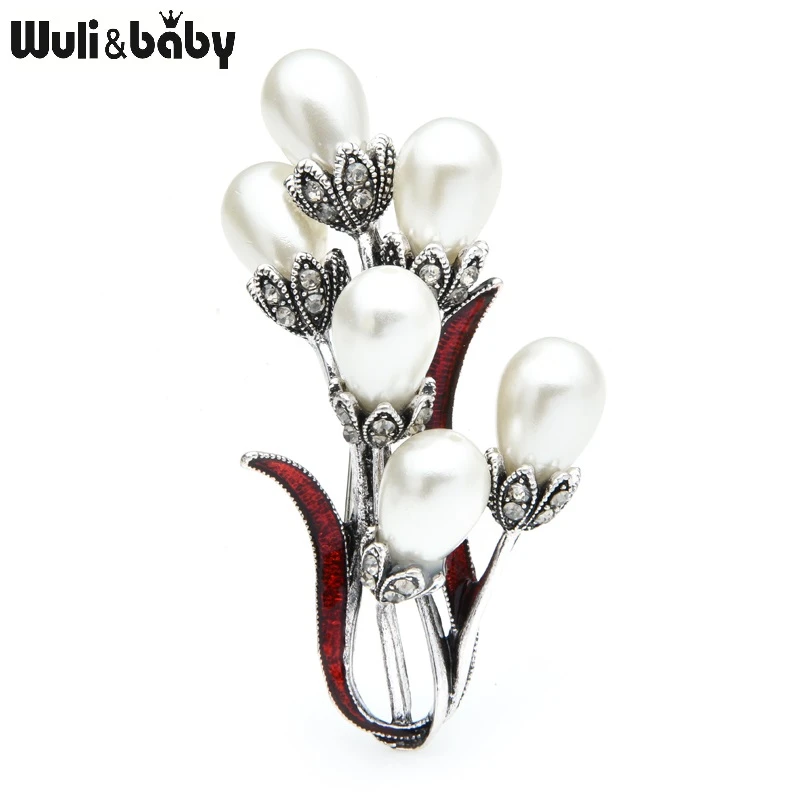 Wuli&baby Pearl Enamel Flower Brooches Women Bouquet Weddings Banquet Brooch Pins Gifts