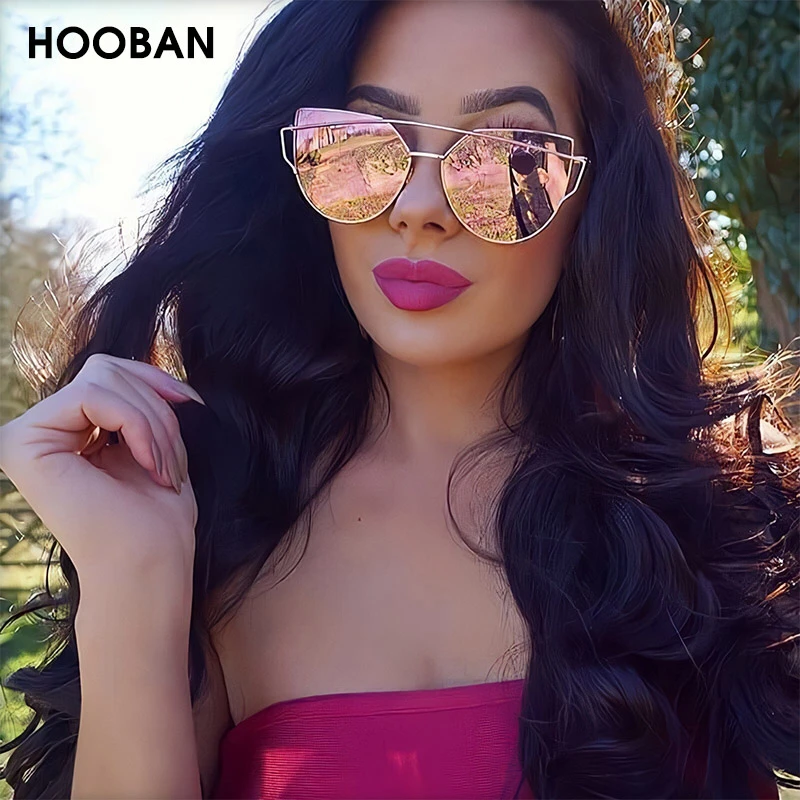 HOOBAN Classic Cat Eye Sunglasses Women 2020 Metal Big Cateye Sun Glasses For Ladies Vintage Mirror Shades Oculos UV400