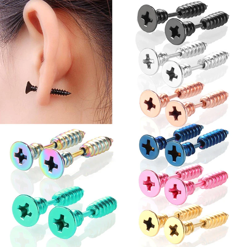 1Pair Punk Fashion Gold Black Colorful Stainless Steel Nail Screw Stud Earring for Women Men Helix Ear Body Piercing Jewelry