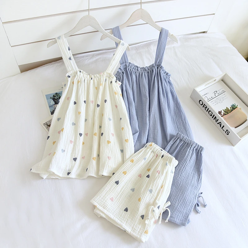 2021 Summer New Style Ladies Pajamas Two-piece 100%Cotton Crepe Suspender Shorts Vest Suit Sweet And Loose Home Service Sexy Pjs