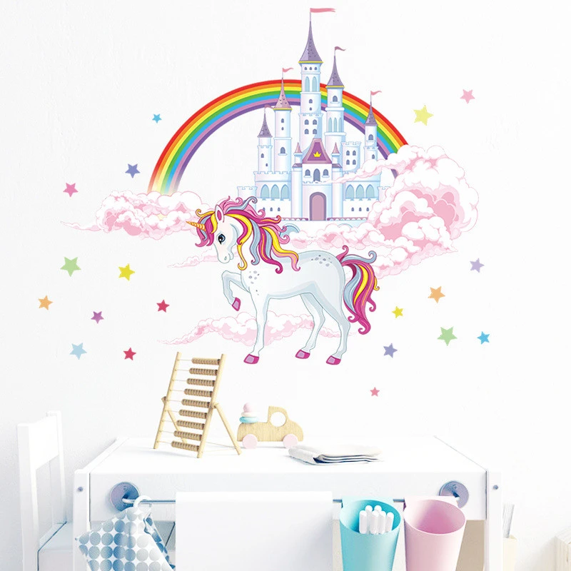 Colorful Rainbow Pink Princess Castle Unicorn Wall Sticker For Girls Kids Bedroom Unicorn Wall Decor Vinyl Mural Decals Muraux