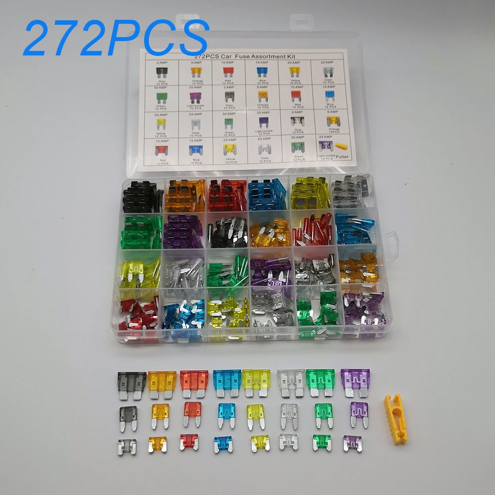 272PCS Car Fuses 2A 3A 5A  10A 15A 20A 25A 30A 35A  Amp with Box Clip Assortment Auto Blade Type Fuse Set Truck