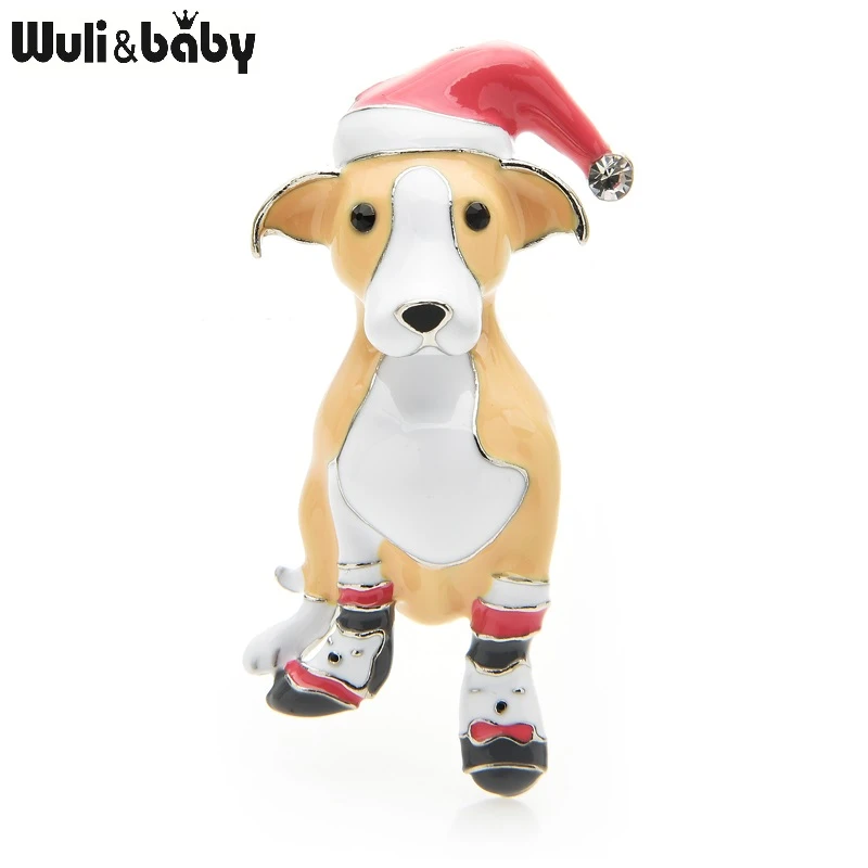Wuli&baby Enamel Wear Cap Dog Christmas Brooches For Women Labrador Animal New Year Party Casual Brooch Pins Gifts