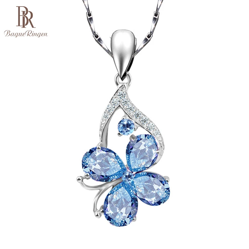 Bague Ringen Silver 925 Jewelry Clover Pendant Necklace for Women Water Drop Shaped Aquamarine Charms Butterfly Clavicle Chain