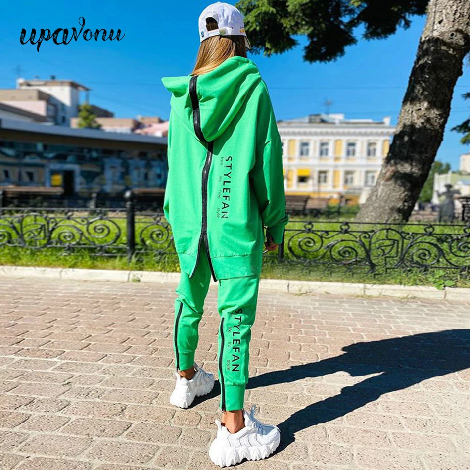 Free Shipping Casual zipper Letter Hoodie Sweater Set Women's Pullover Sweater & Pants 2-piece Loose Sportswear Set 2021 Winter