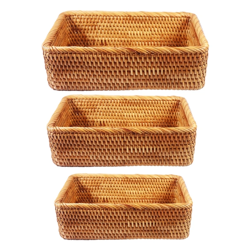 Rectangular Hand-woven Basket Rattan Candy Storage Picnic Tray Food Bread Dishes