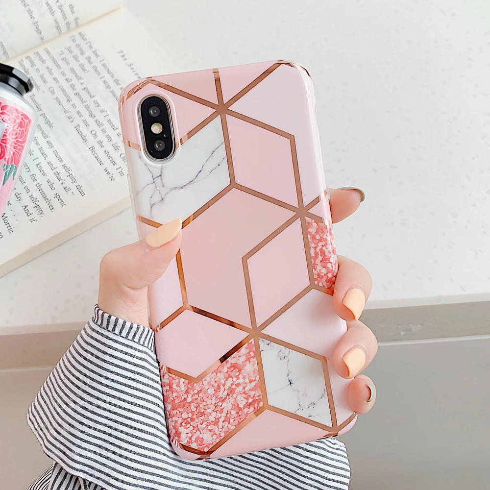 LOVECOM Plating Geometric Phone Case For iPhone 13 Pro Max 11 12 Pro Max XR XS Max 7 8 Plus X Soft Marble Phone Back Cover Cases