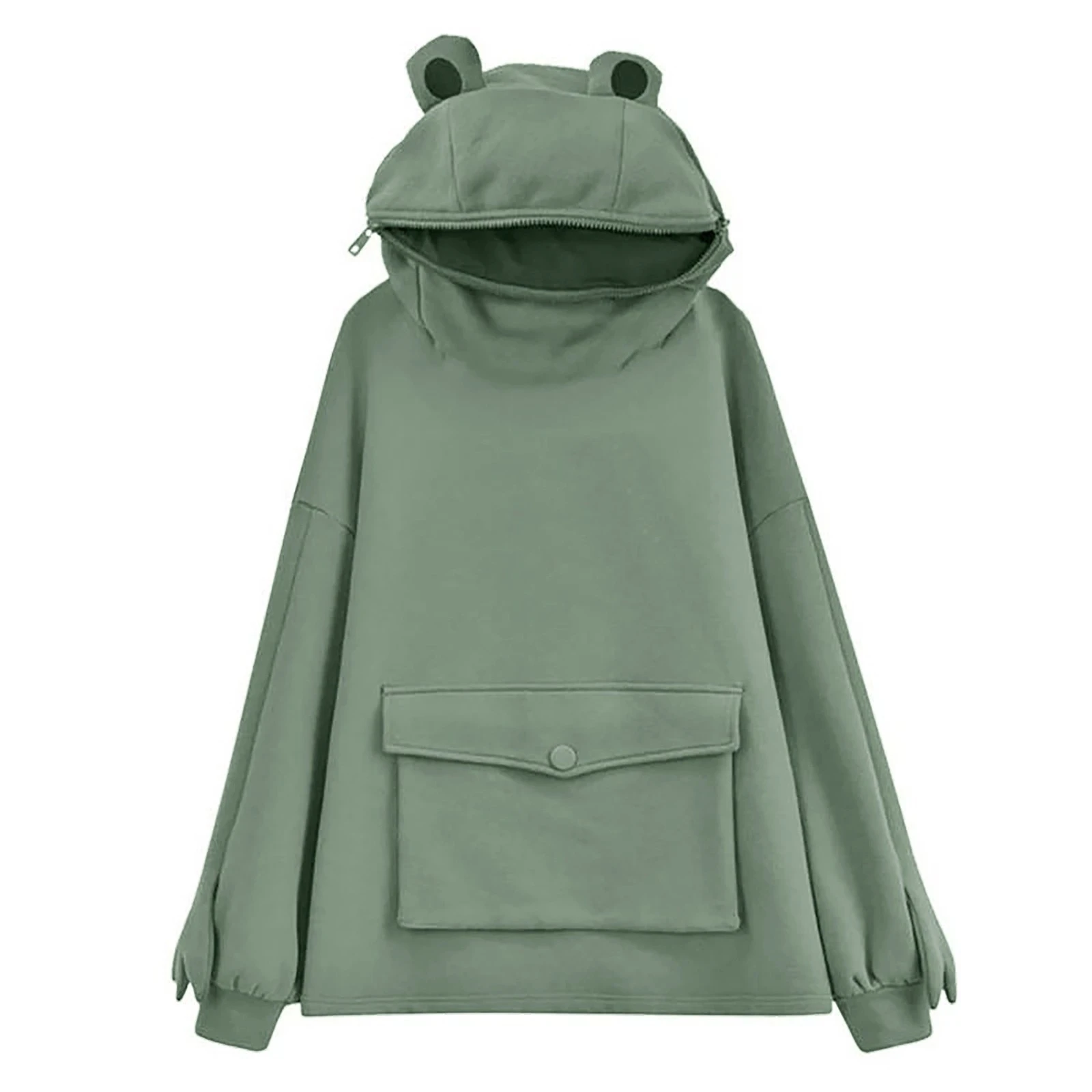 Harajuku Hoodie Lovely Frog Autumn Female Thicken Women'S Stitching Three-Dimensional Pocket Cute Pullover Hooded Sweatshirts