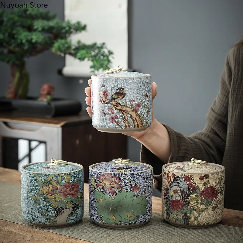 Chinese Style Tea Pot Ceramic Sealed Pot Storage Jar Household Retro Tea Box Moisture-proof Storage Jar Living Room Decoration
