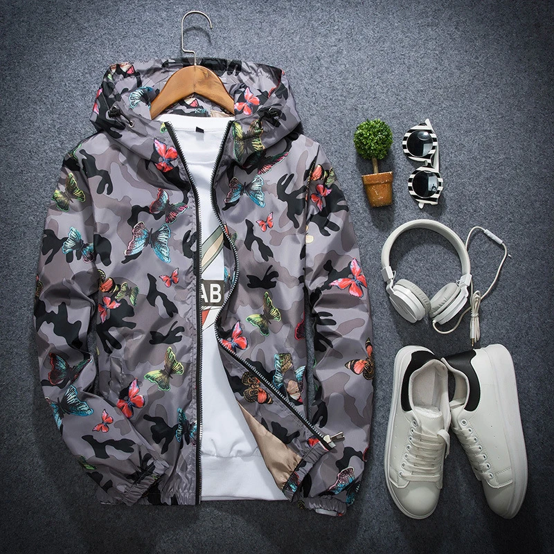 Women's Zipper Windbreaker Camouflage Print Coats Jacket Female Butterfly 2020 Spring Autumn Long Sleeve Hooded Lady Coat Tops