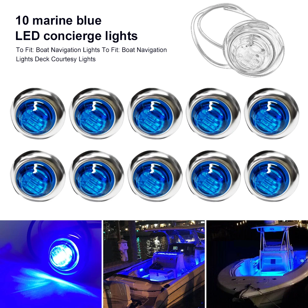 10Pcs 12V Marine Boat Transom LED Stern Light Round White LED Tail Lamp Waterproof IP67 Yacht Side Marker Courtesy Lights Blue