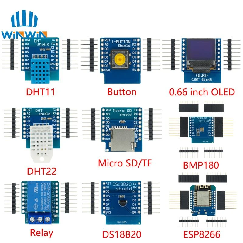 ESP8266 D1 Mini Pro WiFi Development Board NodeMcu WS2812 RGB DHT11 DHT22 AM2302 Relay DS18B20 BMP180 Motor for WeMos DIY Kit